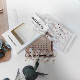 White Press on Nails with Designs Red Fake Nails with Glue Glossy Almond False Nails Valentines Day Nails Press on Acrylic Nails Winter Medium Glue on Nails Litter Heart Stick on Nails for Women 24Pcs