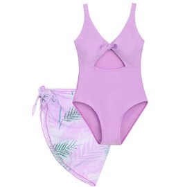 Mecamelon - Traje de baño de una pieza para niñas con falda cubierta recortada, traje de baño de 8 a 15 años, Púrpura, 8-9 Años