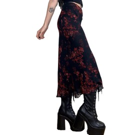 Miolasay Women Y2K Fairy Grunge Midi Skirts High Waist Patchwork A Line Long Skirt Vintage Floral Print Maxi Skirt Grunge Fairycore Streetwear (F-Black, L)