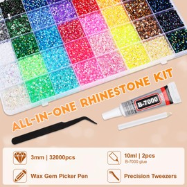 32000Pcs Bedazzler Kit with Rhinestones, Bedazzling Kit 40 Colors 3mm with 2Pcs B7000 Rhinestones Glue, Jelly Rhinestones for Bedazzling Crafting Nail