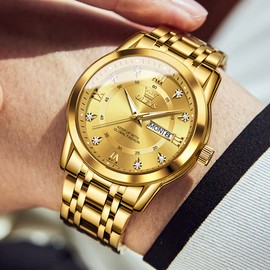 OLEVS Men's Wristwatch, All Black, Popular, Quartz, Calendar, Waterproof, Stainless Steel, Fashionable, gold, Classic