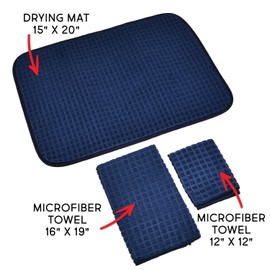 Trio Home® 3pc Microfiber Set, Lint Free Towels, Super Absorbent Ventilation Mesh Dish Drying counter Pad for Pots & Pans, Dishes, Utensils, Cloths for Kitchen, Bathroom, Car Washing, Reusable (Navy)