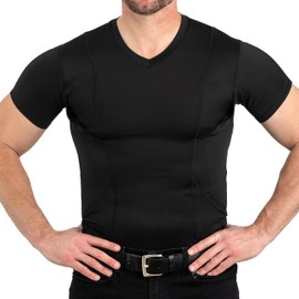 CCW Tactical Concealed Carry Holster Shirt | Quick Access Open Pocket with Large Storage | All Season Moisture Wicking Compression Shirt | Mens V-Neck, Black M