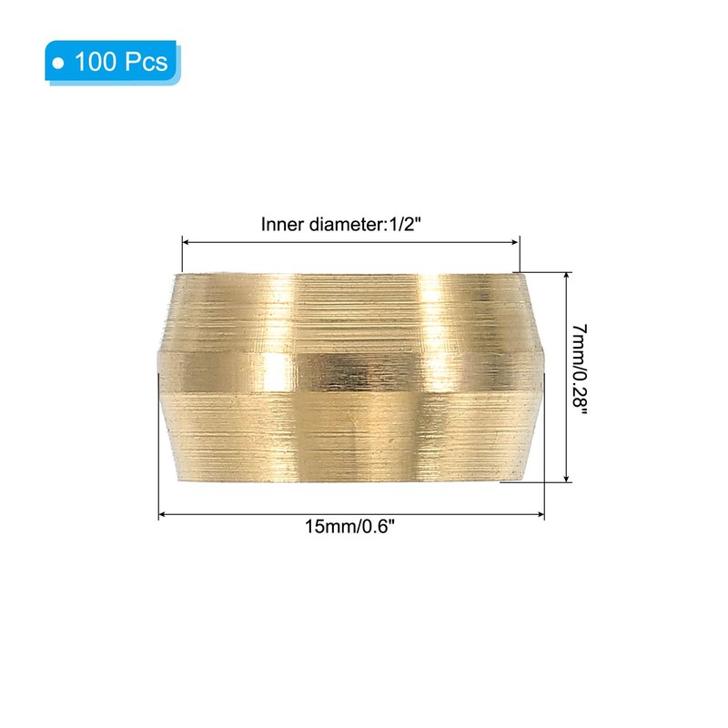 PATIKIL 100Pcs Brass Compression Sleeves Ferrules, Tube OD 5/8" Compression