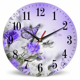Mxocom Butterfly Floral Wall Clock Bouquet of White and Purple Roses 10 Inch Silent Non Ticking Battery Operated Clock Vintage Round Clock for Living Room Bedroom Bathroom Office Decor