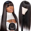 Women's Straight Human Hair Wig with Bangs, 2 x 1