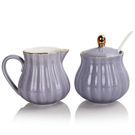 Sweejar Home Royal Ceramic Sugar and Creamer Set, 3 Piece Set with Cream Pitcher, Sugar Bowl, Sugar Set with Lid & Spoon(Purple)