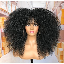 MURAMURA HAIR 18Inch Long Curly Wig With Bangs for Black Women Afro Bomb Kinky Curly Wig Fluffy and Soft Synthetic Hair（Black）