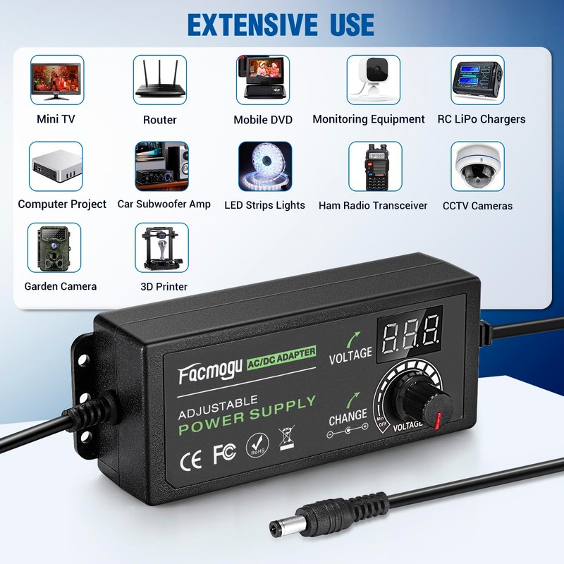 Facmogu 3V-12V 5A 60W Adjustable Power Supply with LED Display,