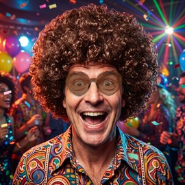 MEEZY Brown Afro Wig with Heart Sunglasses for Men Women, Funny 70s 80s Disco Party Afro Wigs Colored Short Fluffy Curly Hair with Hair Net for Halloween Cosplay Costume Party Music Festival