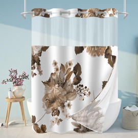 SSCRCUSLY No Hook Shower Curtain with Snap in Liner Set, Brown Floral and White Modern Hotel Style for Bathroom, 71x74 Inches