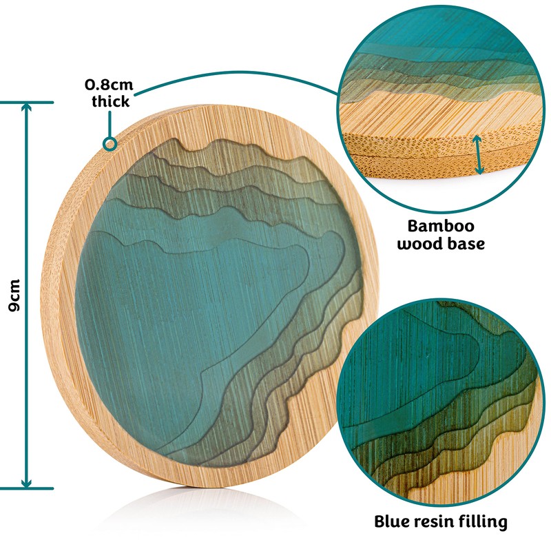 Round Ocean Wave Epoxy Resin and Bamboo Coaster Drink Mat