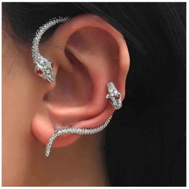 Yheakne Punk Snake Cuff Earrings Silver Snake Ear Climber Earrings Boho Cartilage Crawler Earrings Gothic Snake Clip On Wrap Earrings Ruby Snake Earrings Jewellery for Women (Silver)