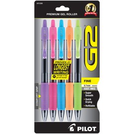 Pilot G2 Retractable Premium Gel Ink Roller Ball Pens, Fine Point, 5-Pack, Assorted Colors, Purple/Pink/Turquoise/Orange/Lime (31266)