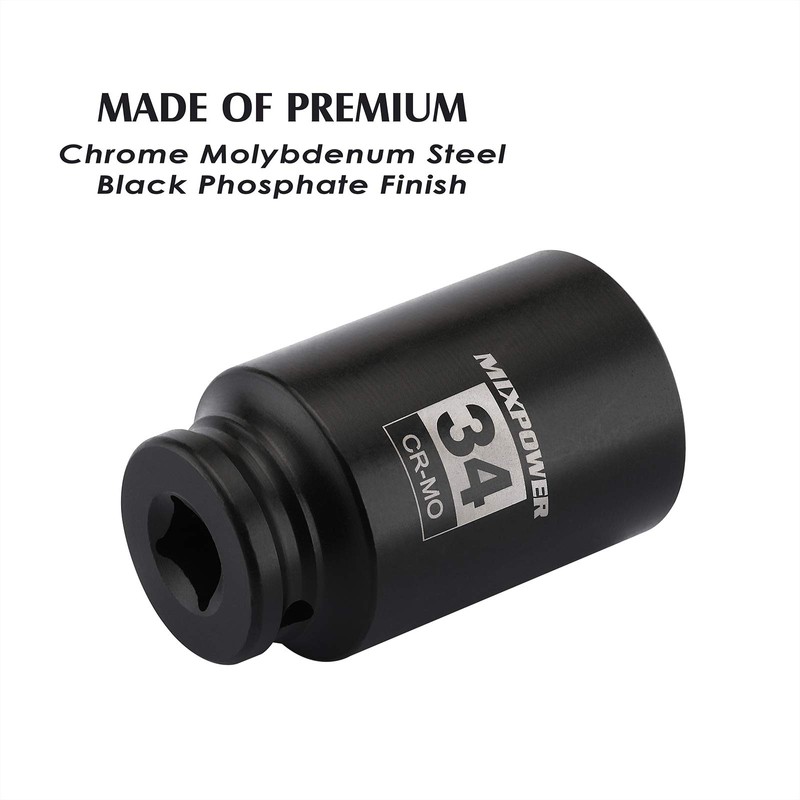 MIXPOWER 1/2" Drive Deep Impact Socket, CR-MO, 34 mm, METRIC,