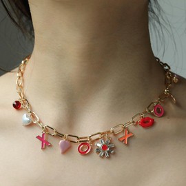 Charm Necklace for Women 14K Gold Pink Heart Letter Charm Necklace, Dainty Summer Beach Shell Starfish Paperclip Link Chain Necklaces