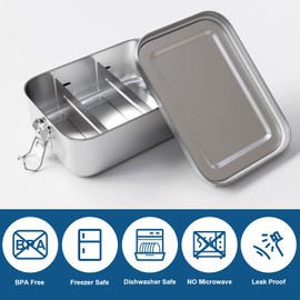 Feelhap Stainless Steel Lunch Box with 2 Compartments, Stainless Steel Lunch Box, 800 ml, Bento Box, Leak-Proof for Children and Adults, Lunch Box, Environmentally Friendly Lunch Boxes, Metal Lunch