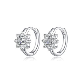 Reffeer Solid 925 Sterling Silver CZ Flower Hoop Earrings Huggie for Women Girls Small Cluster Flower Hoop Earrings (A-Silver)