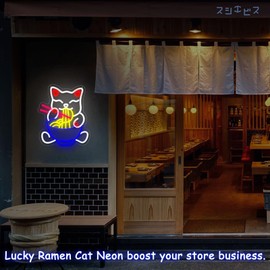 Fortune Cat Ramen Neon Sign, Japanese Lucky Cat Noodle LED Light Signs for Ramen Restaurant, Dimmable Anime Ramen Cat Neon Lights up Living Room, Wall Decor, Home Bar, Kitchen Restaurant Dining