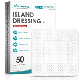 50 Count Island Dressing Bordered Gauze 4"X4", Gauze Pads Individually Wrapped, Non-Stick Pad in Center with Adhesive Border, Bandages for Wounds, First Aid