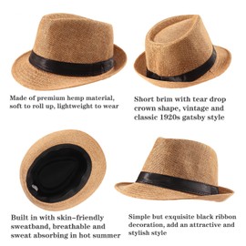 Ultrafun 5 Pack Short Brim Fedora Classic Summer Beach Sun Hat Panama Straw Cap for Men Women (Large, 5Pack-White)