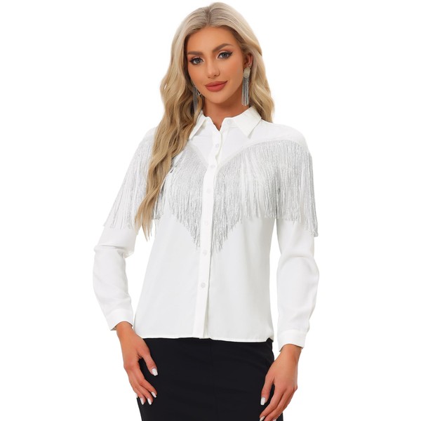 Allegra K Women's Western Fringe Blouse Long Sleeve Button Down