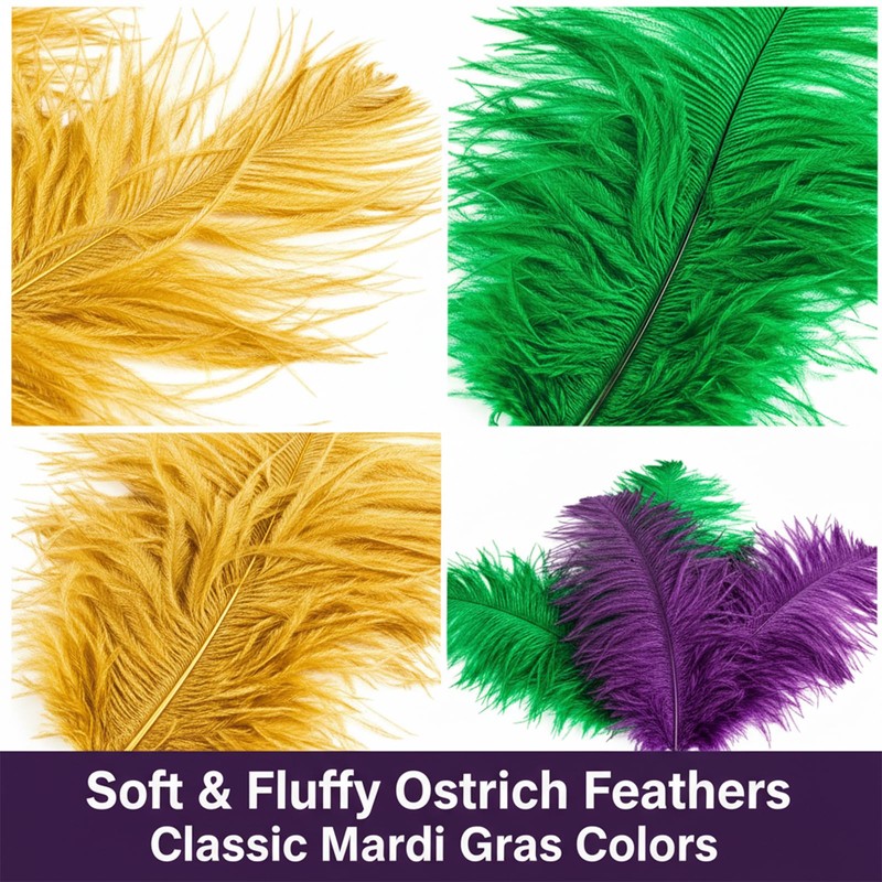24 Pcs Carnival Feathers Bulk, Gold Green Purple Ostrich Feathers