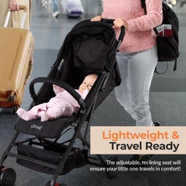 Jovial Lightweight Baby Stroller - One-Hand Fold Compact Stroller, Multi-Position Recline, Sun Canopy, Extra-Large Storage Basket, Airplane Travel Storage Bag, Black