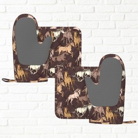 Vintage Horse Oven Mitts and Pot Holders Sets, 4pcs Silicone Non-Slip Kitchen Mitts Potholders Heat Resistant BBQ Gloves Hot Pads for Cooking Grilling Baking Microwave Chef Gifts Decor