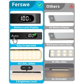 Ferswe Closet Lights Rechargeable, Battery Level Display, Dimmable Battery Powered Lights, 3000K Motion Sensor Light Indoor, 60 LED Touch Light for Kitchen, Closet, Shelf(4 Pack)