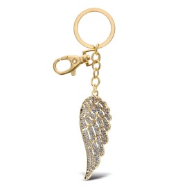 Aqua79 Angel Wing Keychain - Gold 3D Sparkling Charm Rhinestones Fashionable Stylish Metal Alloy Durable Key Ring Bling Crystal Jewelry Accessory With Clasp