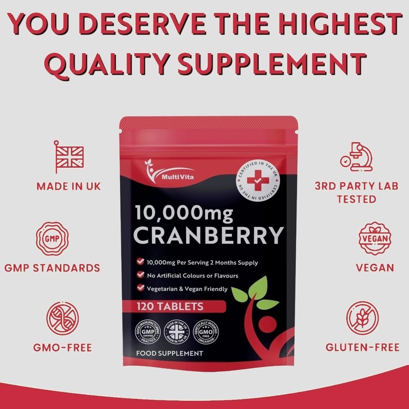 Cranberry Tablets 10,000mg 120 Vegan Tablets 2 Months Supply -