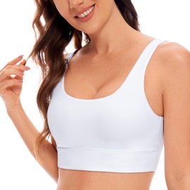 CRZ YOGA Sujetador Top Deportivo Mujer con Brasier Incorporado de Yoga U Back con Cuello Redondo de Bajo Impacto de Butterluxe Blanco Chico
