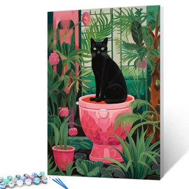 Black Cat Sit on Toilet Oil Painting Paint by Number Kits 16 x 20 inch Canvas Abstract Botanical Pink Green DIY Painting for Kids Students Adults Beginner with Brushes Acrylic Pigment(without Frame)