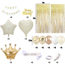 Birthday Decoration Beige Gold White Gold Birthday Party Decoration Set with Happy Birthday Banner Sash and Birthday Crown Balloons Tinsel Curtain for Women Men Boho Birthday Party Decoration