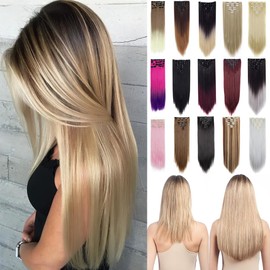 WEICHENS Women Clip in Hair Extensions 16 Clips Full Head Thick Double Weft Synthetic Hair Straight Hairpieces