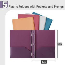 Mr. Pen- Plastic Folders with Pockets and Prong, 5 Pack, Assorted Colors