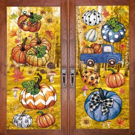 Honoson 6 Sheets Fall Window Clings Pumpkin Leaf Oil Painting Decals Stickers Double Sided Printed Removable Fall Window Decoration for Autumn Thanksgiving Harvest Glass Home School Office Decor