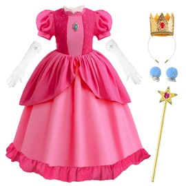 Luzlen Princess Peach Costume for Girls Kids Princess Peach Cosplay Dress With Accessories, 2-3T(Tag 100)