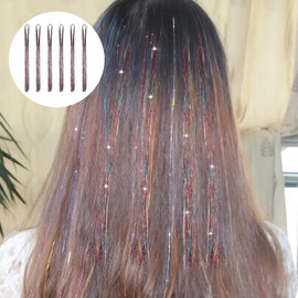 1200 Strands Hair Tinsel, 47 Inches Glitter Tinsel Hair Extension, Sparkling Shiny Colored Hair Accessories for Women Girls Festival Party Cosplay, Rainbow Straight Hair Tinsel Kit(Seven Colors)