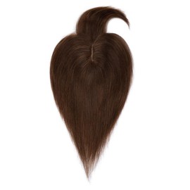 Charites Hair Toppers for Women Real Human Hair 7 Inch Long Straight Toppers for Women with Thinning 7 * 13CM Silk Base Clip in Hairpieces with Bangs (Medium Brown)