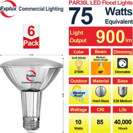 Explux Classic Full Glass LED PAR30 Flood Light Bulbs, 75W Equivalent 900 Lumens, 2700K Soft White 6-Pack, Dimmable, Indoor/Outdoor