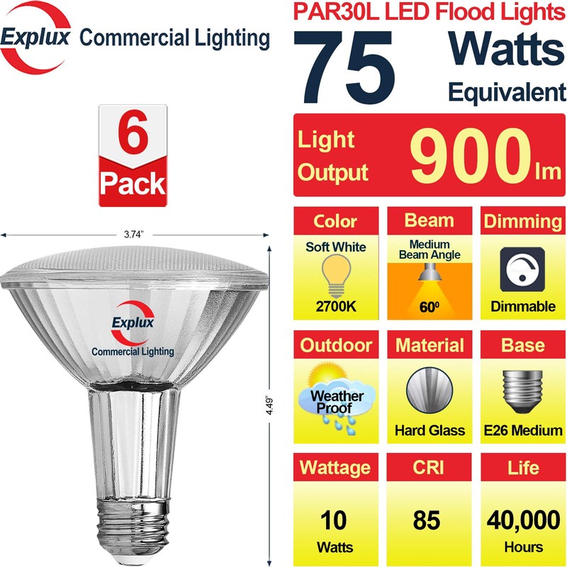 Explux Classic Full Glass LED PAR30 Flood Light Bulbs, 75W