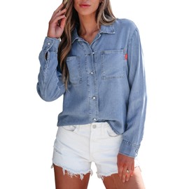 Sidefeel Women's Denim Shirts Button Down Jean Shacket Spring Outfit 2025 Long Sleeve Chambray Blouse Top Light Blue Medium
