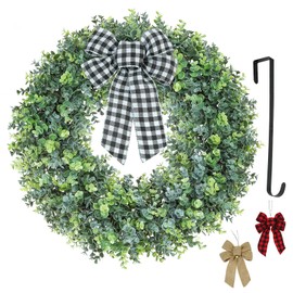 Yueyela 18inch Spring Wreath,Boxwood Wreath for Front Door 3 Bows and 1 Wreath Hanger Used in All Seasons for Front Door Back Door Indoor Outdoor Corridor (18inch)