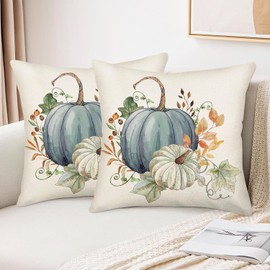 Qinqingo Blue Fall Pillow Covers 24x24 Inch Set of 2 Blue and White Pumpkins Holiday Seasonal Pillow Cases Farmhouse Autumn Thanksgiving Harvest Decorations for Sofa Couch