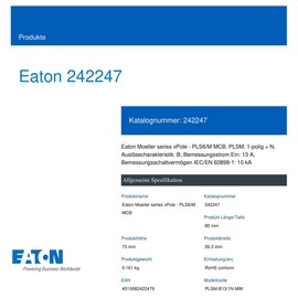Eaton PLSM-B13/1N-MW Circuit Breaker 13A 1P+N 1-Pin + N B-Characteristics LS Switch (242247 ALT 244775)