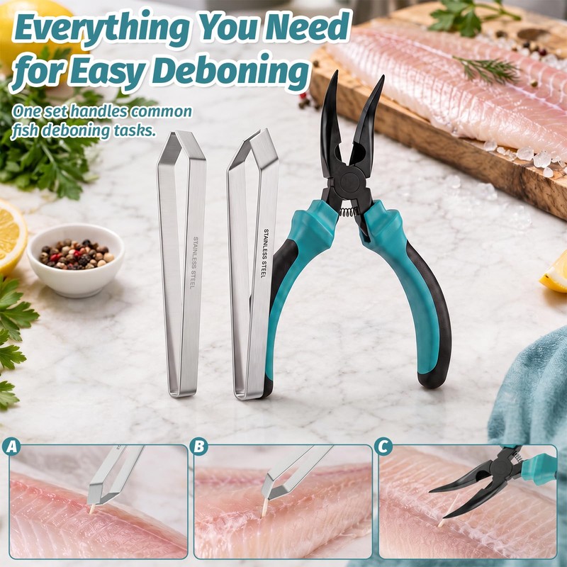 Fish Pin Bone Pliers & Tweezers Set, 3-Piece Deboning Tools