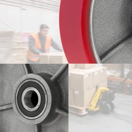 Legines Pallet Jack/Truck Steering Wheels Set with Axle, Fasteners and Protective Caps (2 pcs) 7" x 2" with Bearings ID 20mm Poly Tread Red