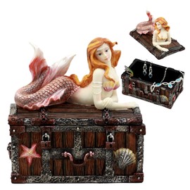Ebros Pink Tailed Mermaid Nerida Resting On Sunken Treasure Chest Jewelry Box Figurine 5.25"L Decorative Trinket Keepsake Of Under The Sea Ocean Marine Life Sculpture Decor (Vibrant Colors)